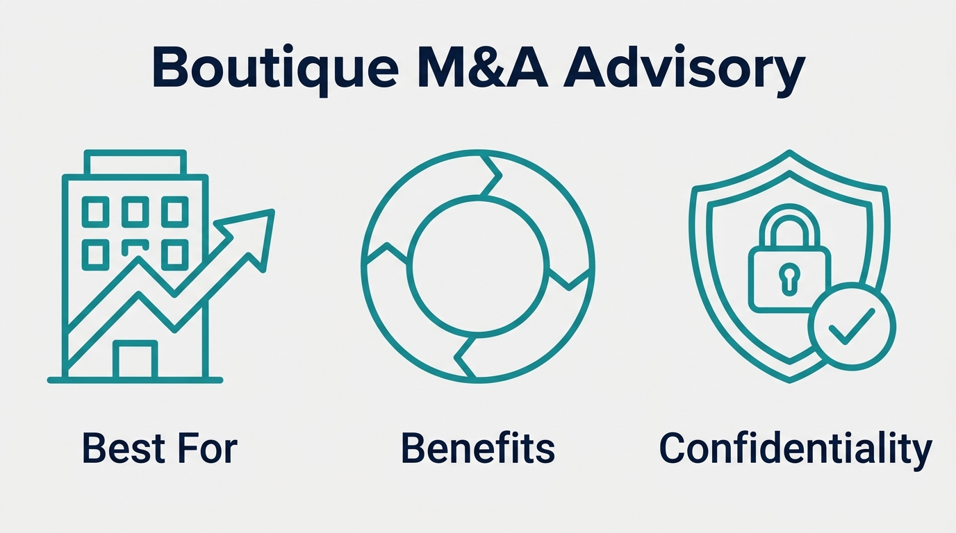 Infographic showing Boutique M&A Advisory with three icons: Best For, Benefits, and Confidentiality, each represented by a distinct outlined icon.