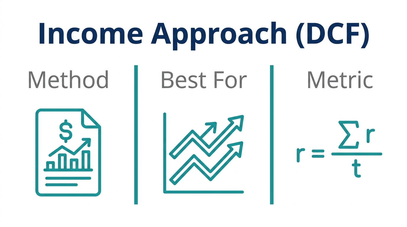 Infographic illustrating the Income Approach (DCF) valuation method with icons and labels for method, best for, and metric.