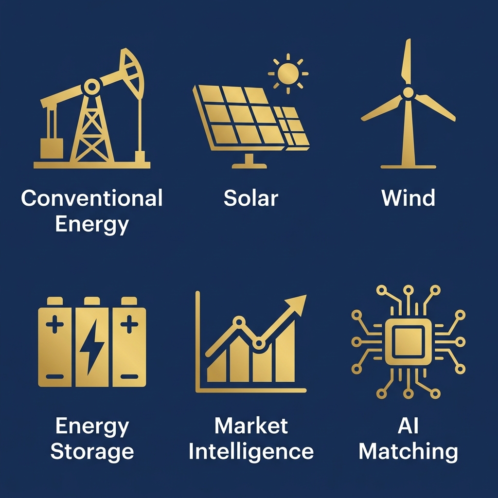 Six flat icons on navy background: oil rig, solar panel, wind turbine, battery, chart with trend line, and chip with network nodes, each labeled in white sans-serif text.