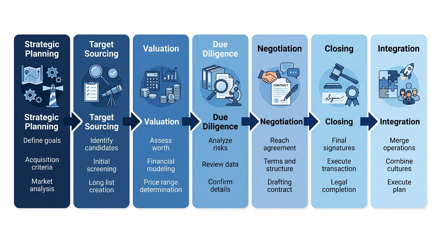 Horizontal process flow showing seven stages of full-cycle M&A advisory from strategic planning to integration