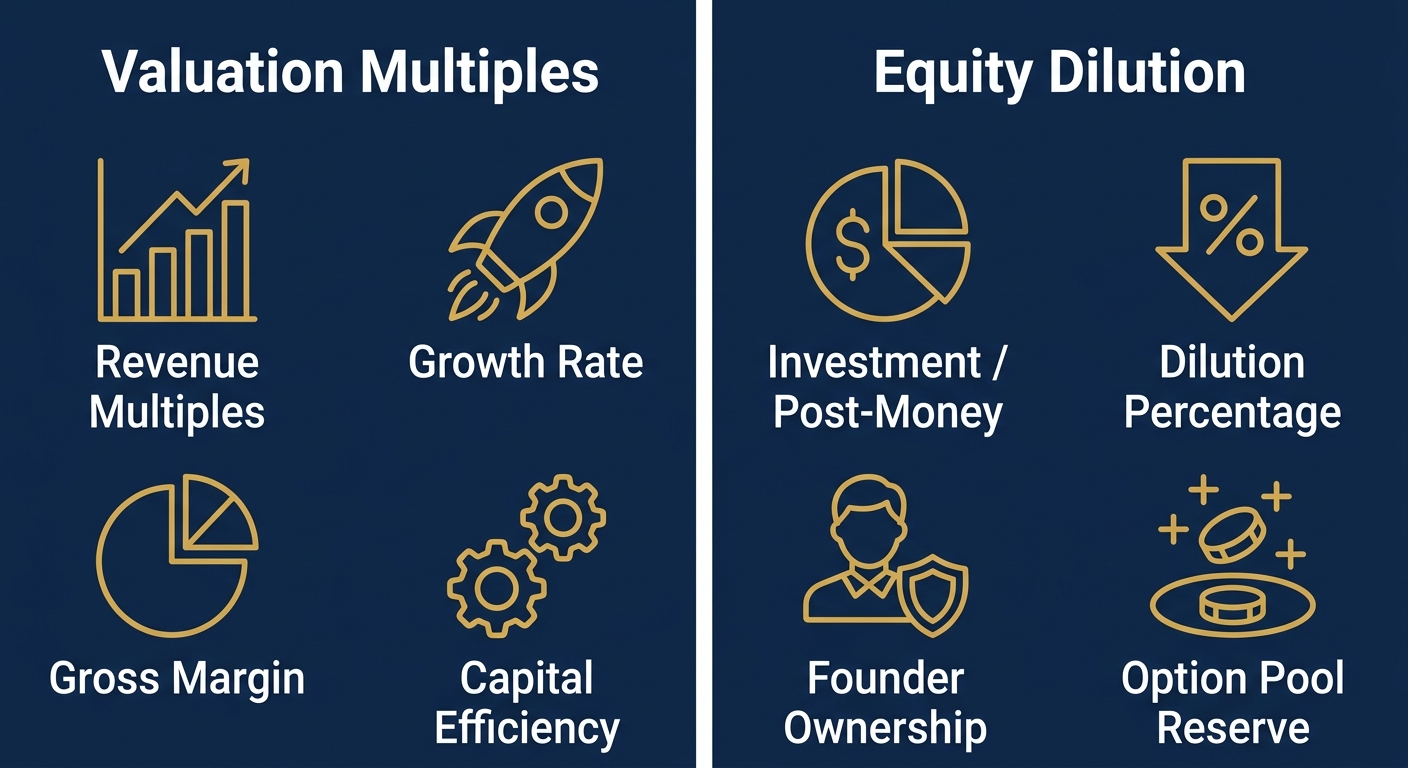 Infographic with two columns showing valuation multiples (revenue, growth, margin, capital efficiency) and equity dilution (investment, dilution percentage, founder ownership, option pool) with gold outlined icons on navy background