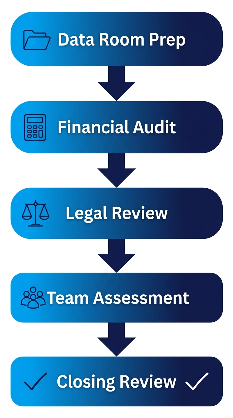 Vertical process flow diagram of venture capital due diligence with five stages: Data Room Prep, Financial Audit, Legal Review, Team Assessment, and Closing Review, each with icons, connected by arrows.