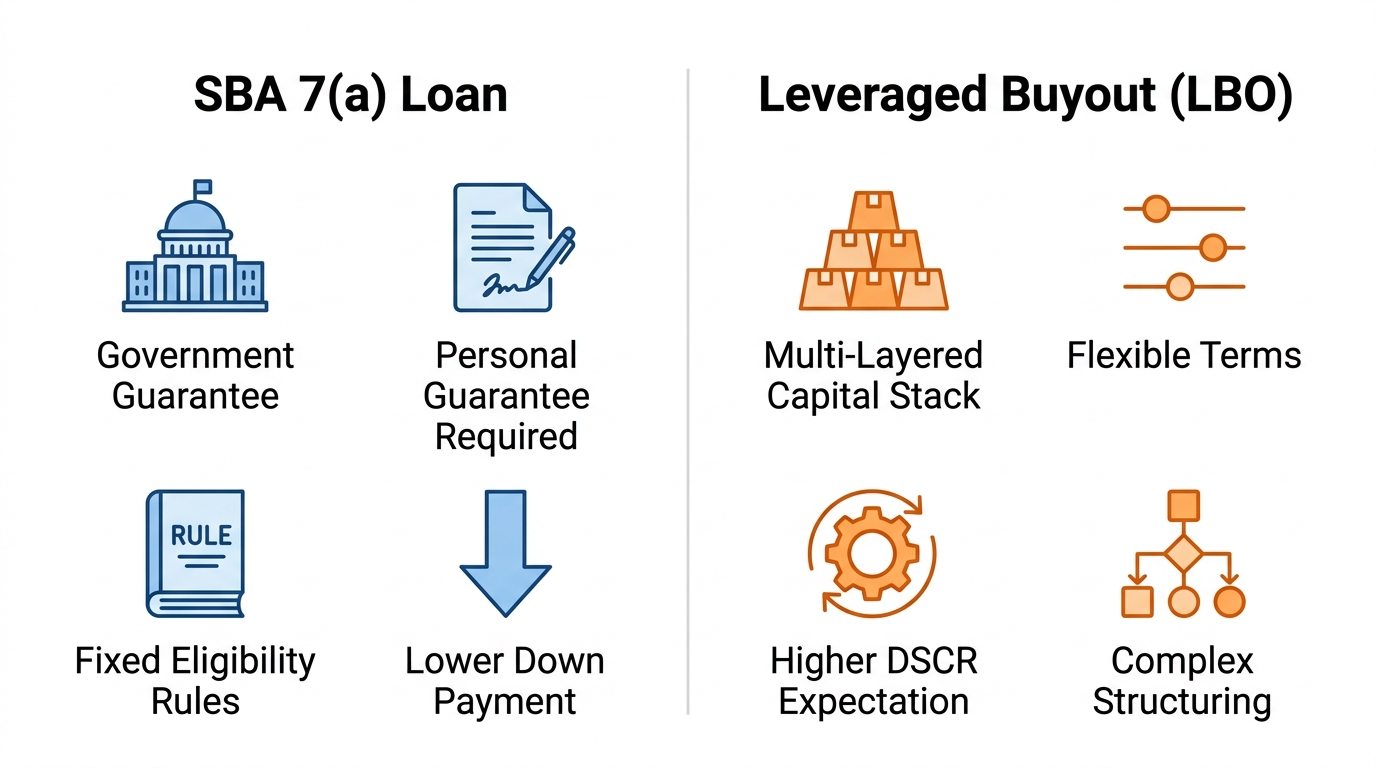 Two-column infographic comparing SBA 7(a) Loan features in blue tints and Leveraged Buyout (LBO) features in orange tints, each with four labeled icons and clean sans-serif typography.