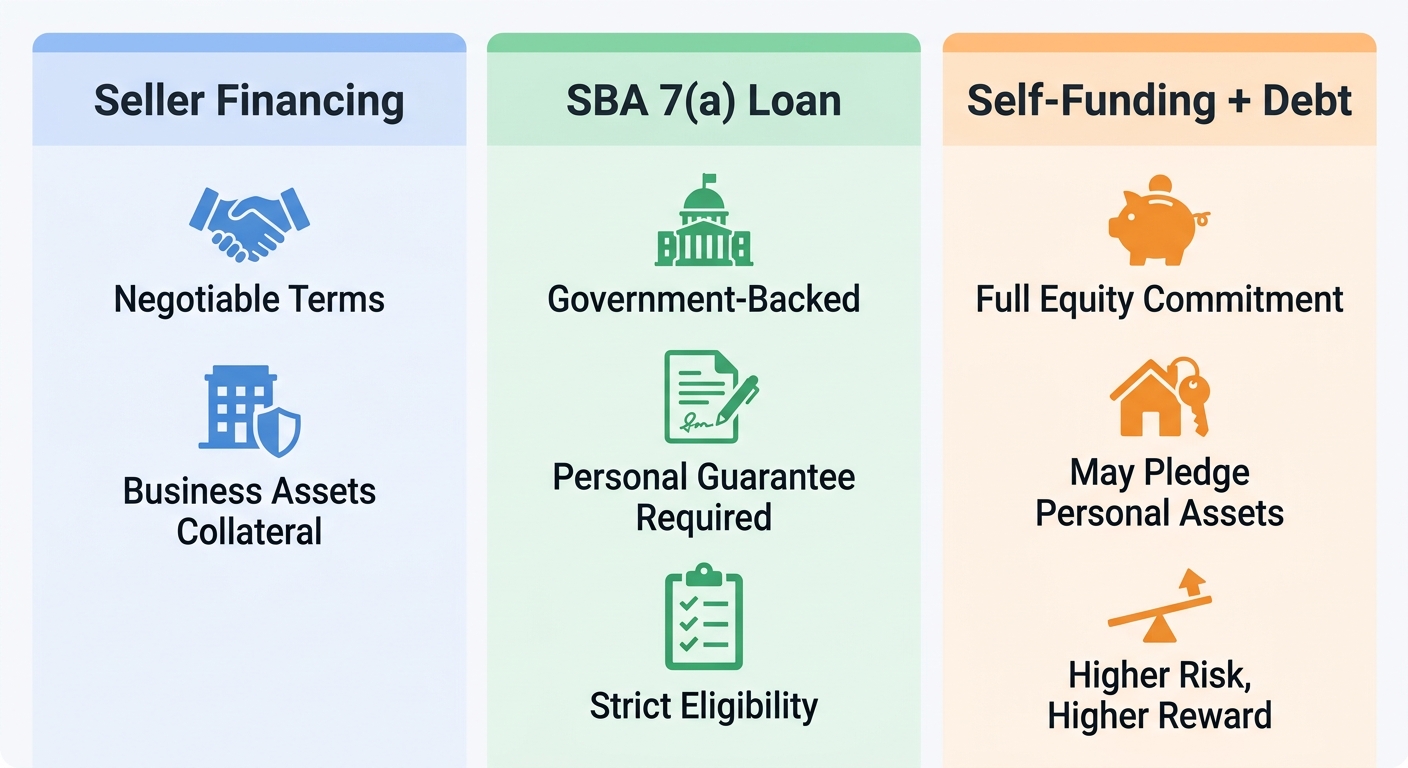 Three-column infographic comparing seller financing, SBA 7(a) loans, and self-funding with debt, each column with header, icons, and labels