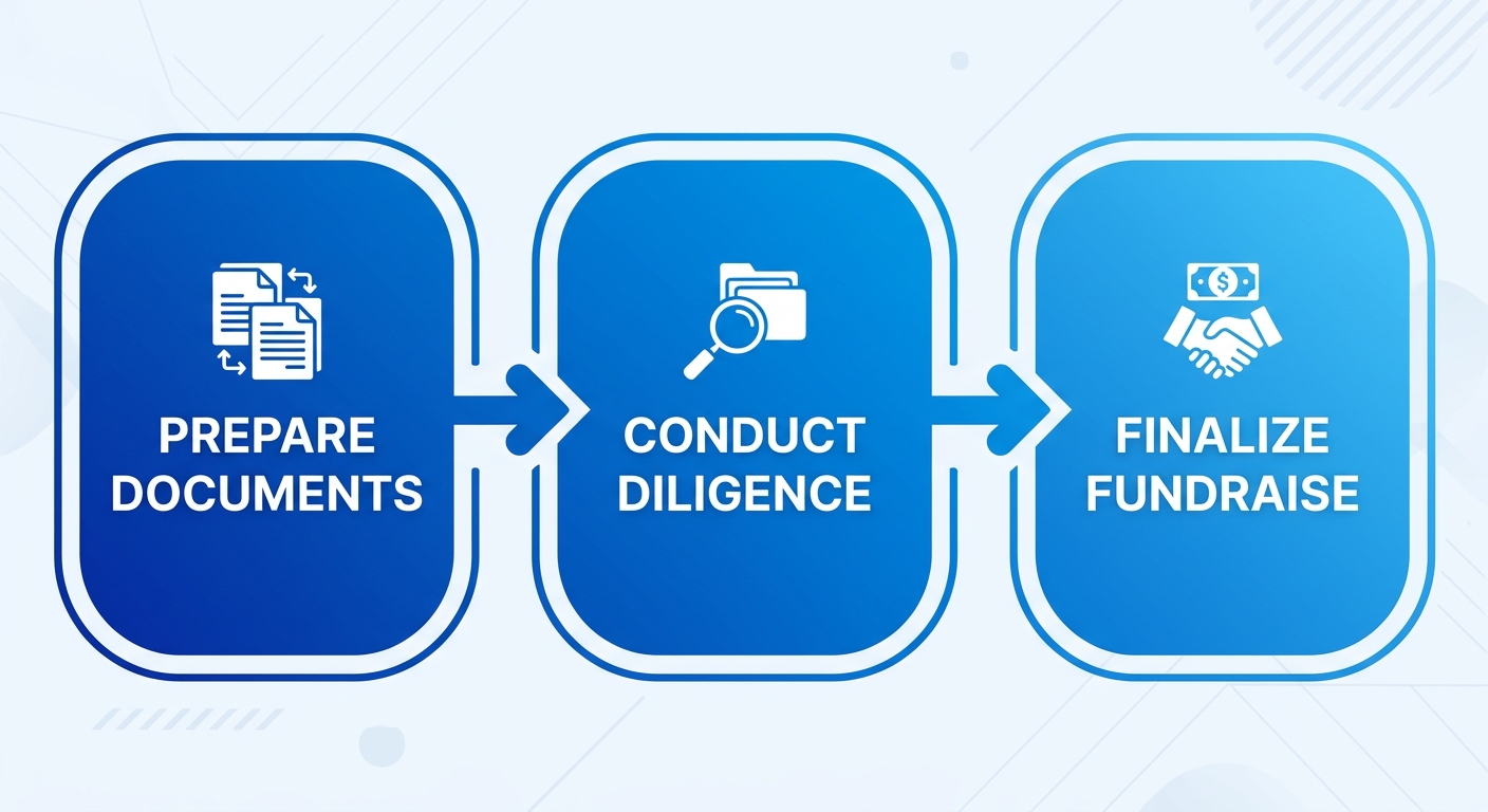 Horizontal process flow with three stages: Prepare Documents, Conduct Diligence, and Finalize Fundraise, using blue gradient rectangles and white labels.