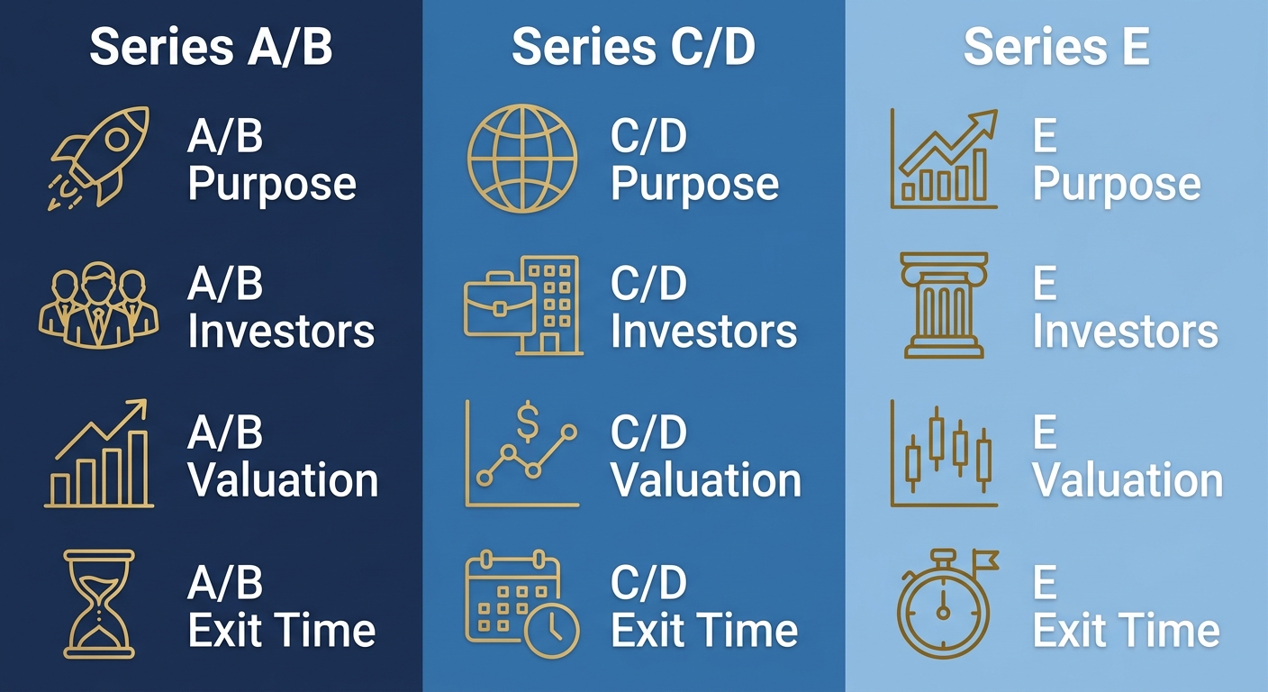Financial infographic comparing Series A/B, Series C/D, and Series E funding stages with icons and labels for purpose, investors, valuation, and exit time