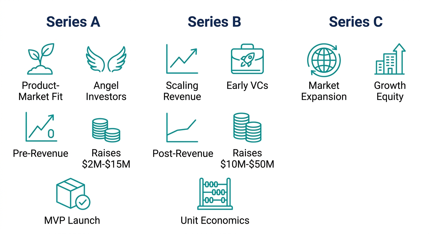 Infographic comparing Series A, B, and C funding rounds with icons and labels for each stage