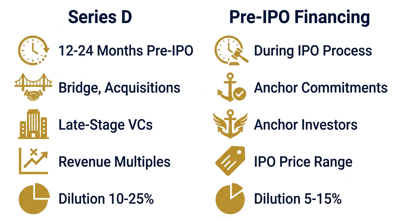Comparative infographic showing Series D and Pre-IPO financing differences across five labeled categories: timing, purpose, investor type, valuation, and dilution.