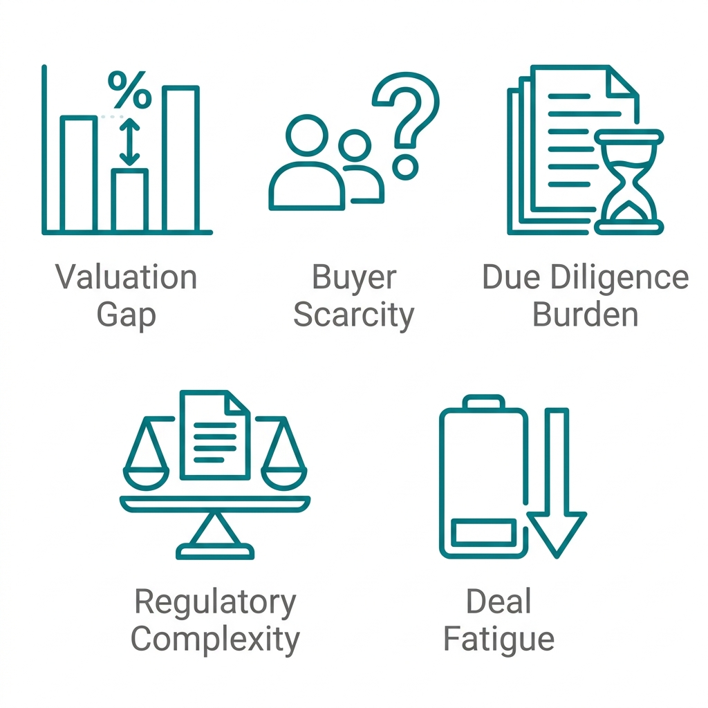 Outline icons representing five common obstacles in middle-market M&A: Valuation Gap, Buyer Scarcity, Due Diligence Burden, Regulatory Complexity, Deal Fatigue, with teal outlines on white background.