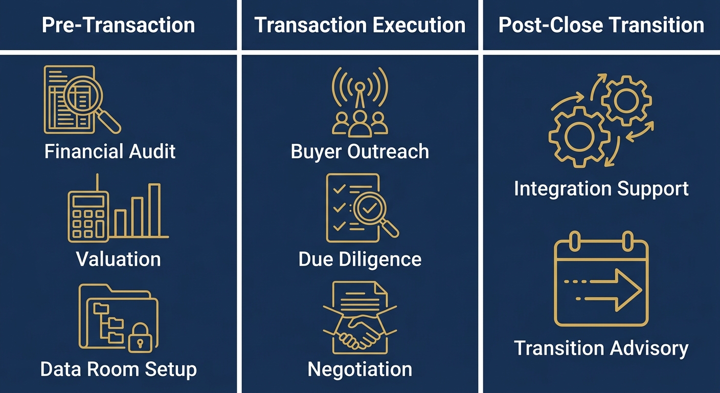 Infographic showing three phases of full-cycle M&A advisory: Pre-Transaction, Transaction Execution, and Post-Close Transition, with specific steps under each phase.