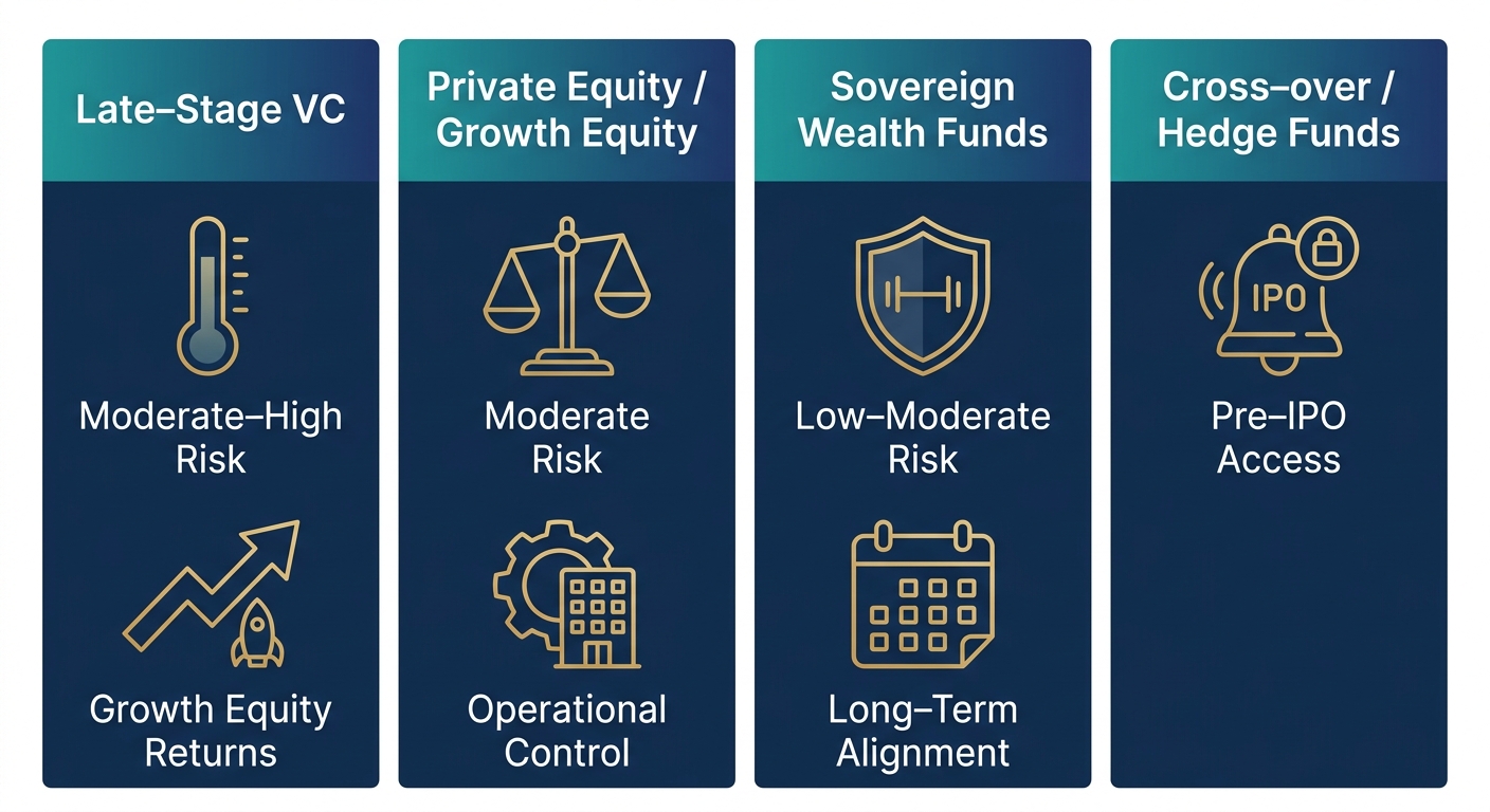 Corporate infographic comparing four investor types in Series F: Late-Stage VC, Private Equity / Growth Equity, Sovereign Wealth Funds, and Cross-over / Hedge Funds. Each column shows risk profile and strategic goal icons with labels.