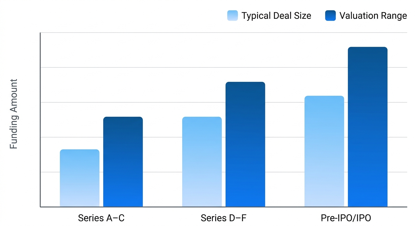 Clustered bar chart comparing Series A-C, D-F, and Pre-IPO/IPO venture capital stages by deal size and valuation, corporate style.
