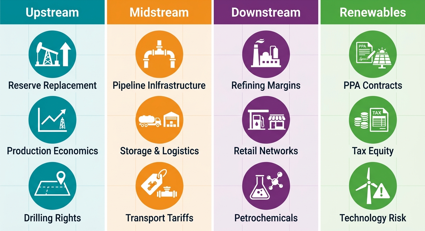 Infographic showing four energy subsectors: Upstream, Midstream, Downstream, and Renewables with three key items each
