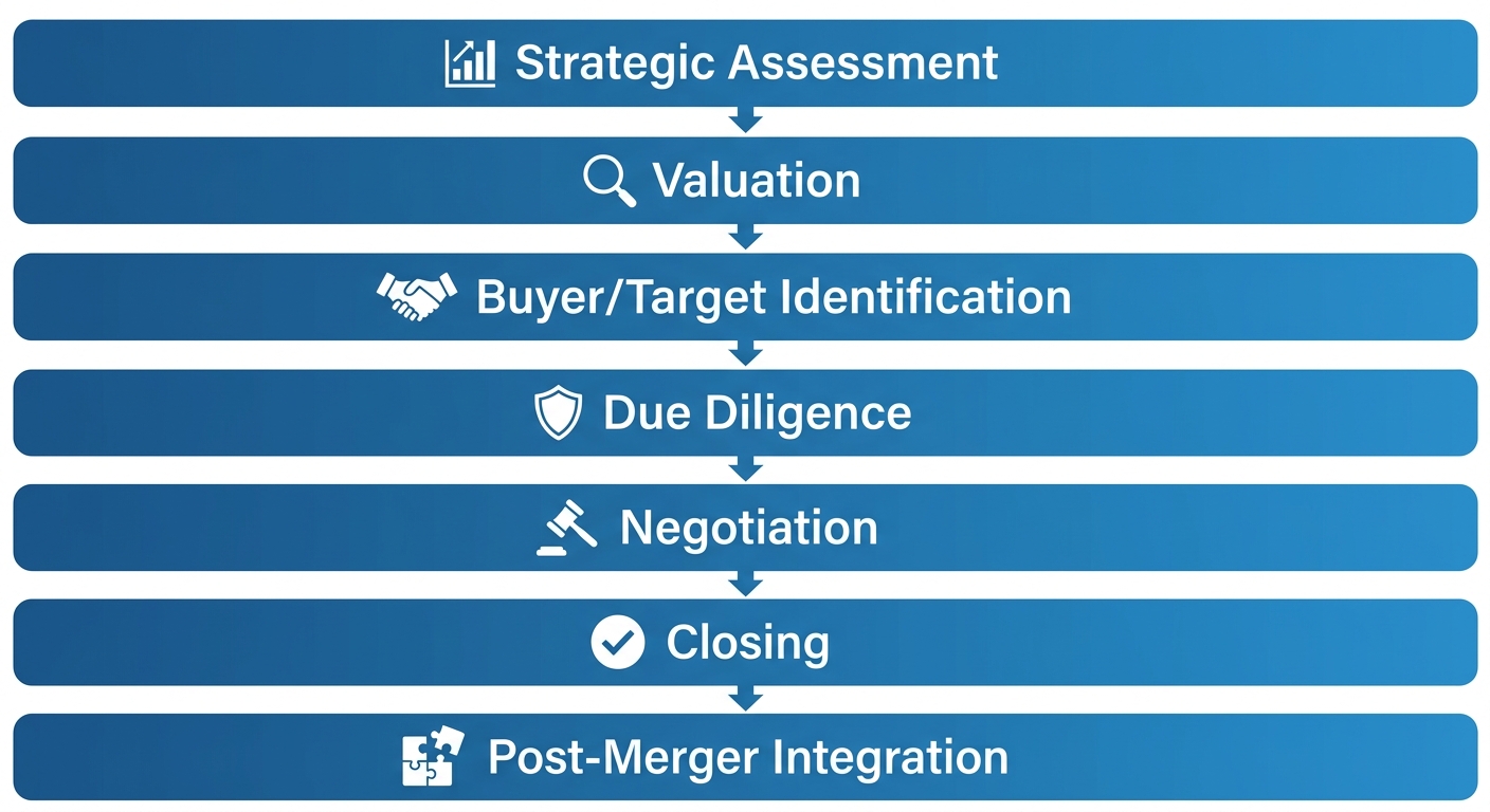 Vertical process flow of seven phases for full lifecycle transaction support in M&A advisory