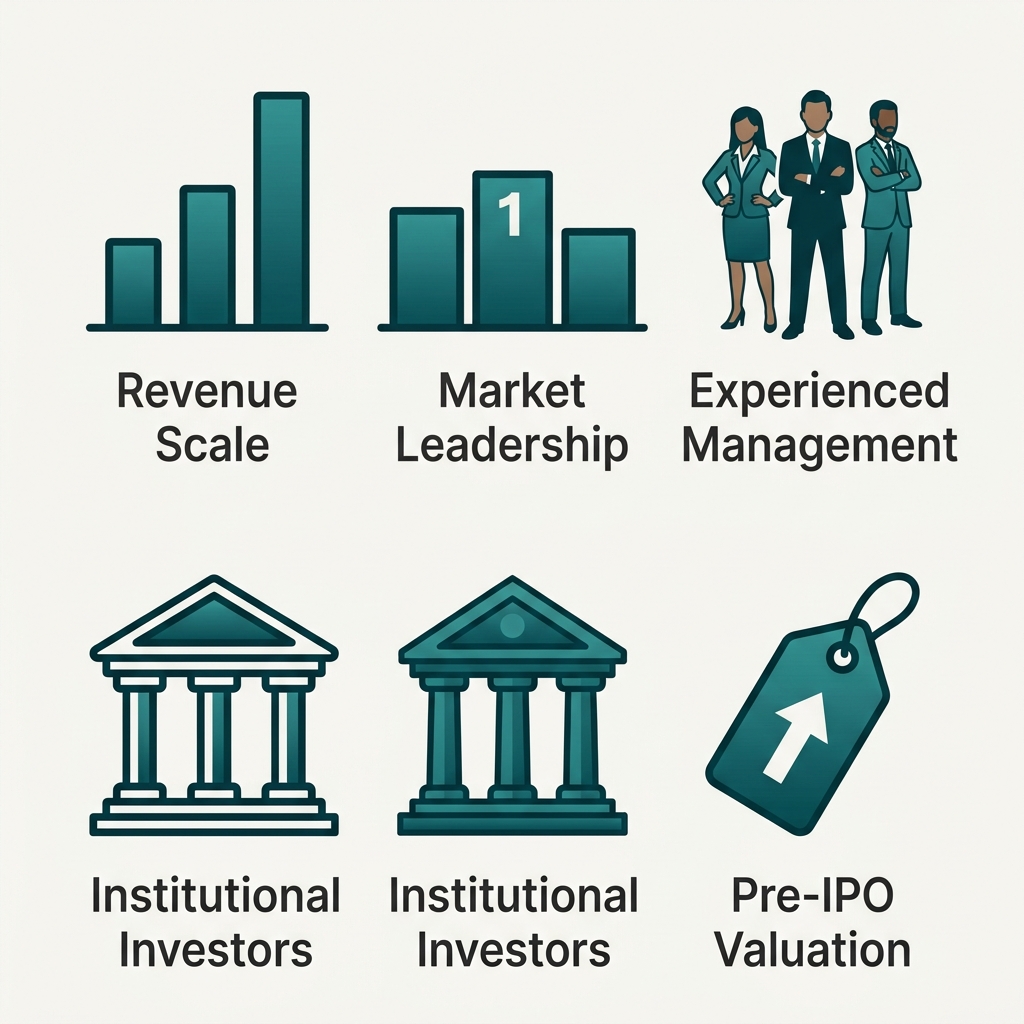 Icon set of five milestones: Revenue Scale, Market Leadership, Experienced Management, Institutional Investors, Pre-IPO Valuation.