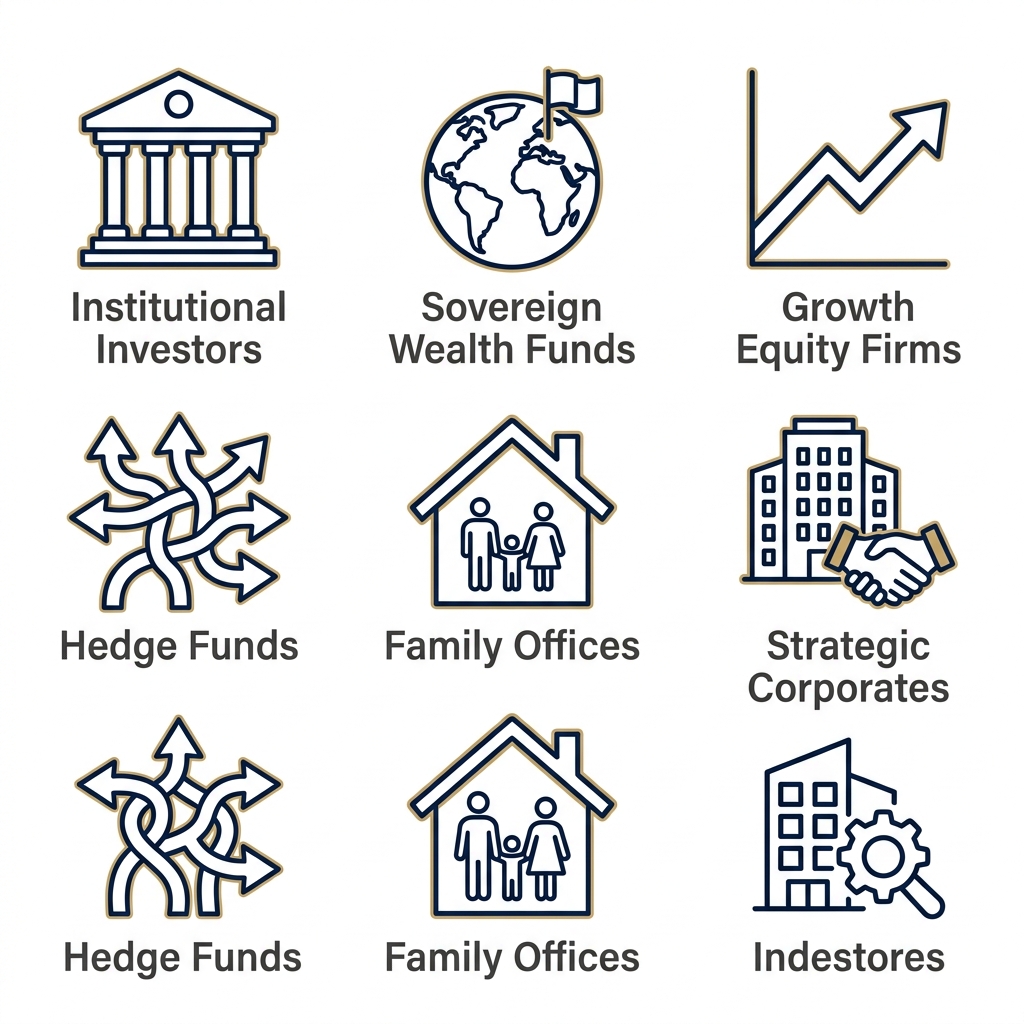 Icon set of six investor types including institutional, sovereign wealth, growth equity, hedge fund, family office, and strategic corporate, each represented by a minimal icon with navy blue lines and gold accents.