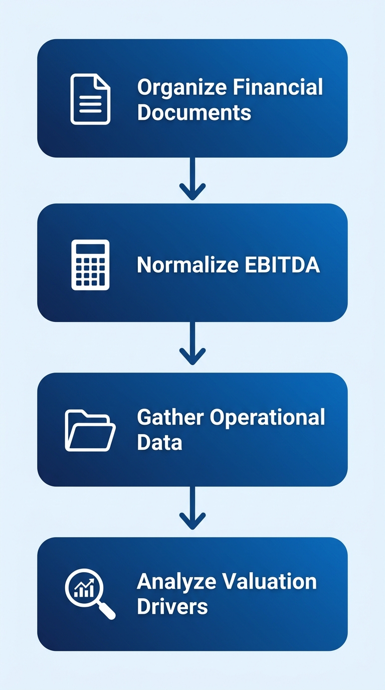 Vertical process flow diagram showing four steps for business valuation preparation: Organize Financial Documents, Normalize EBITDA, Gather Operational Data, Analyze Valuation Drivers, with respective icons for each step.