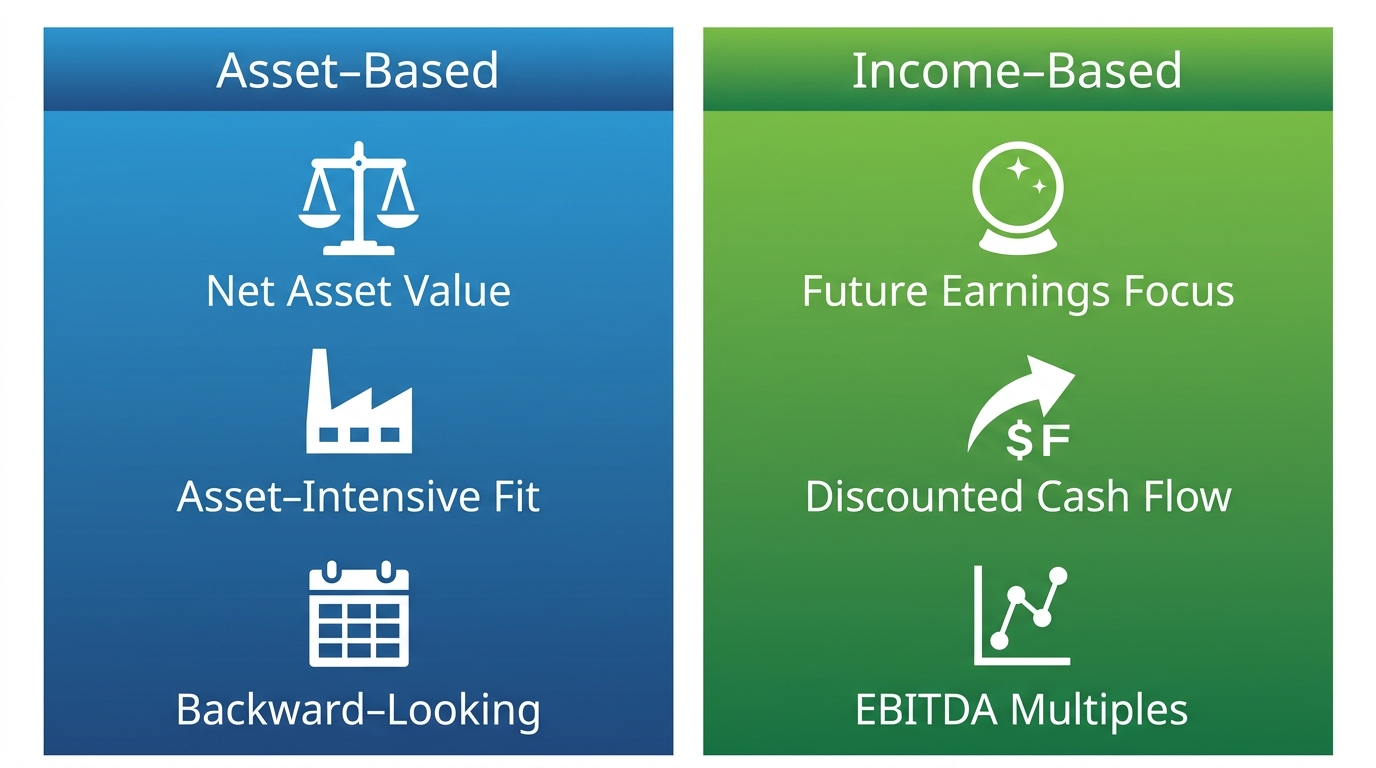 Two-column infographic comparing asset-based valuation methods with net asset value, asset-intensive fit, backward-looking icons on blue gradient background and income-based valuation with future earnings focus, discounted cash flow, EBITDA multiples icons on green gradient background.