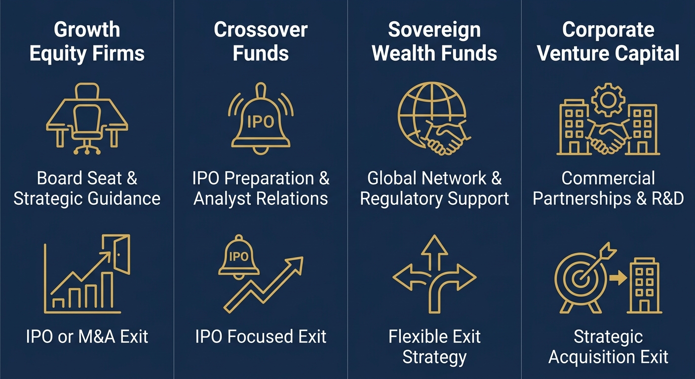 Infographic showing four institutional investor types for Series D rounds: Growth Equity Firms, Crossover Funds, Sovereign Wealth Funds, and Corporate Venture Capital, with two key attributes each.
