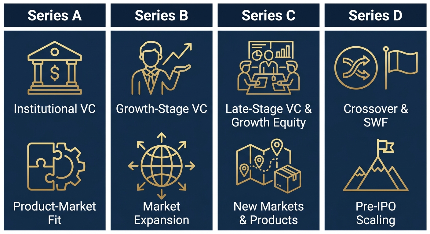 Infographic comparing Series A, B, C, D funding rounds with icons and labels.
