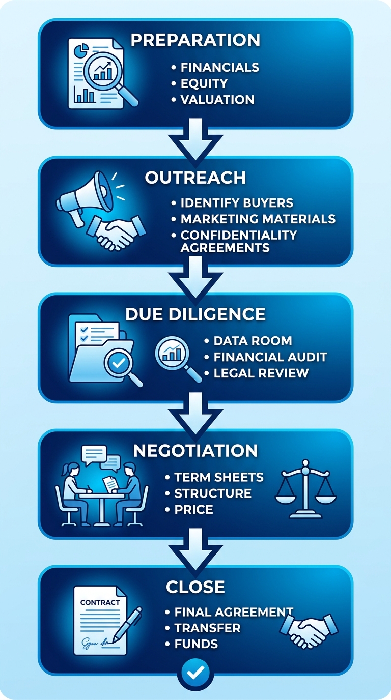 Vertical process flow diagram showing five stages of technology M&A sell-side engagement: Preparation, Outreach, Due Diligence, Negotiation, Close