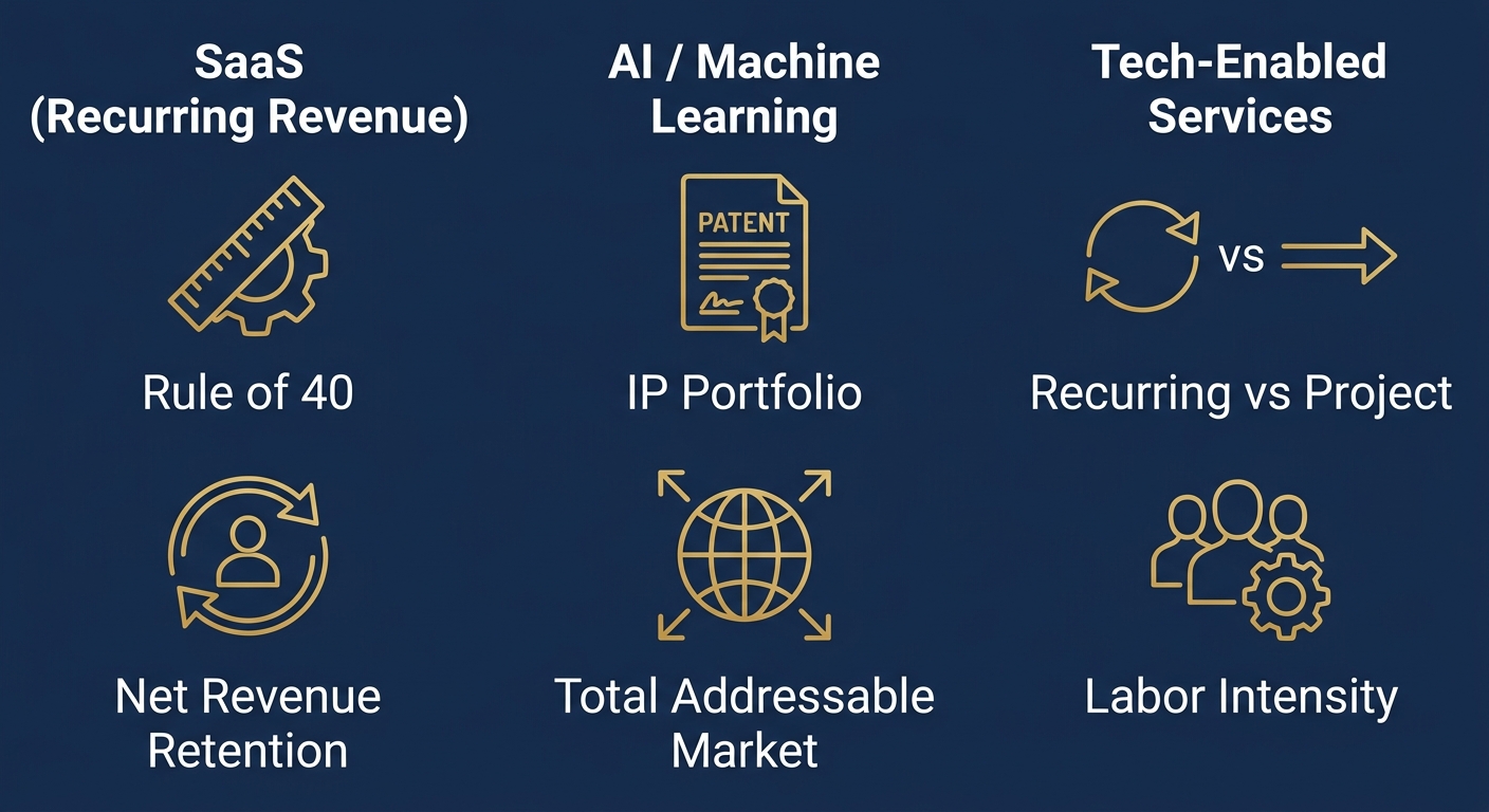 Infographic comparing key valuation drivers for technology investment banking sub-sectors: SaaS, AI/Machine Learning, and Tech-Enabled Services, with gold icons on navy background.