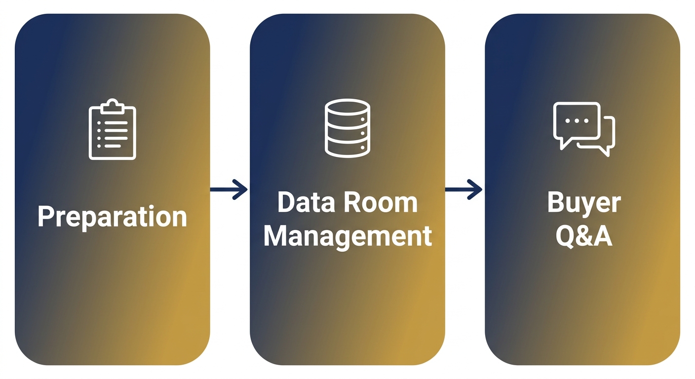 Three-stage due diligence process flow showing Preparation, Data Room Management, and Buyer Q&A stages with icons and arrows.