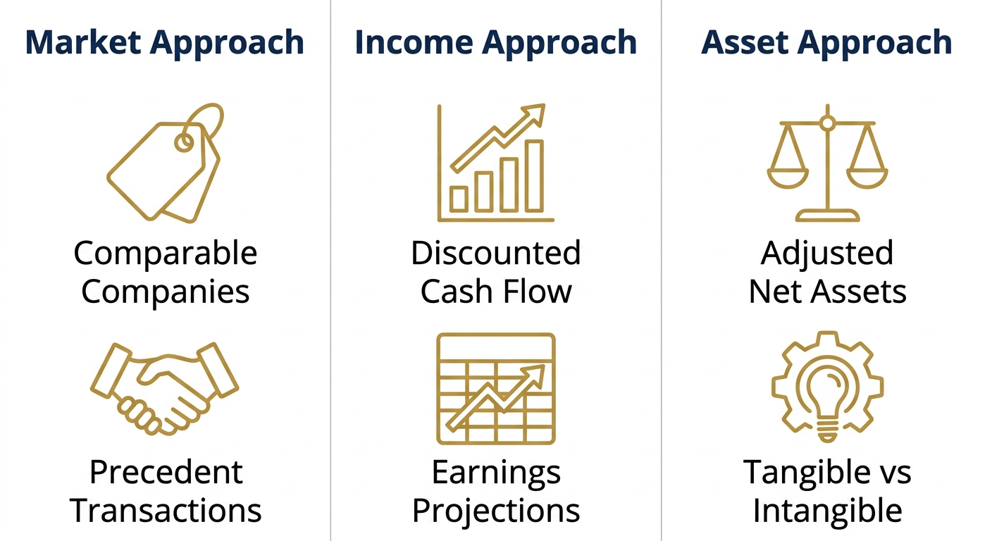 Infographic displaying three valuation methods: Market Approach with Comparable Companies and Precedent Transactions, Income Approach with Discounted Cash Flow and Earnings Projections, and Asset Approach with Adjusted Net Assets and Tangible vs Intangible items.