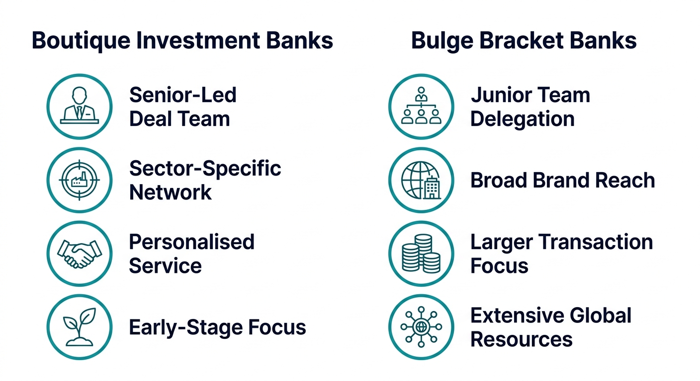 Two-column infographic comparing boutique investment banks on the left with bulge bracket banks on the right, each column listing four attributes with circular icons and headers in deep navy on white background.