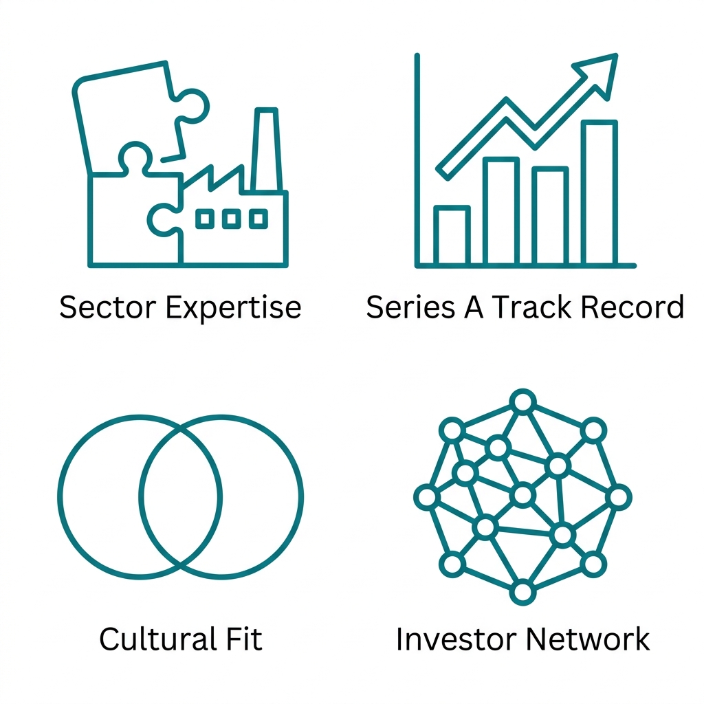 Icon set of four evaluation criteria for selecting an investment bank: sector expertise, Series A track record, cultural fit, and investor network, shown as teal outlines on white.