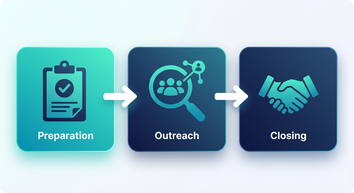 Horizontal process-flow diagram with three rounded boxes connected by white arrows, each containing an icon: clipboard for preparation, magnifying glass for outreach, handshake for closing, with teal-to-navy gradient fill.