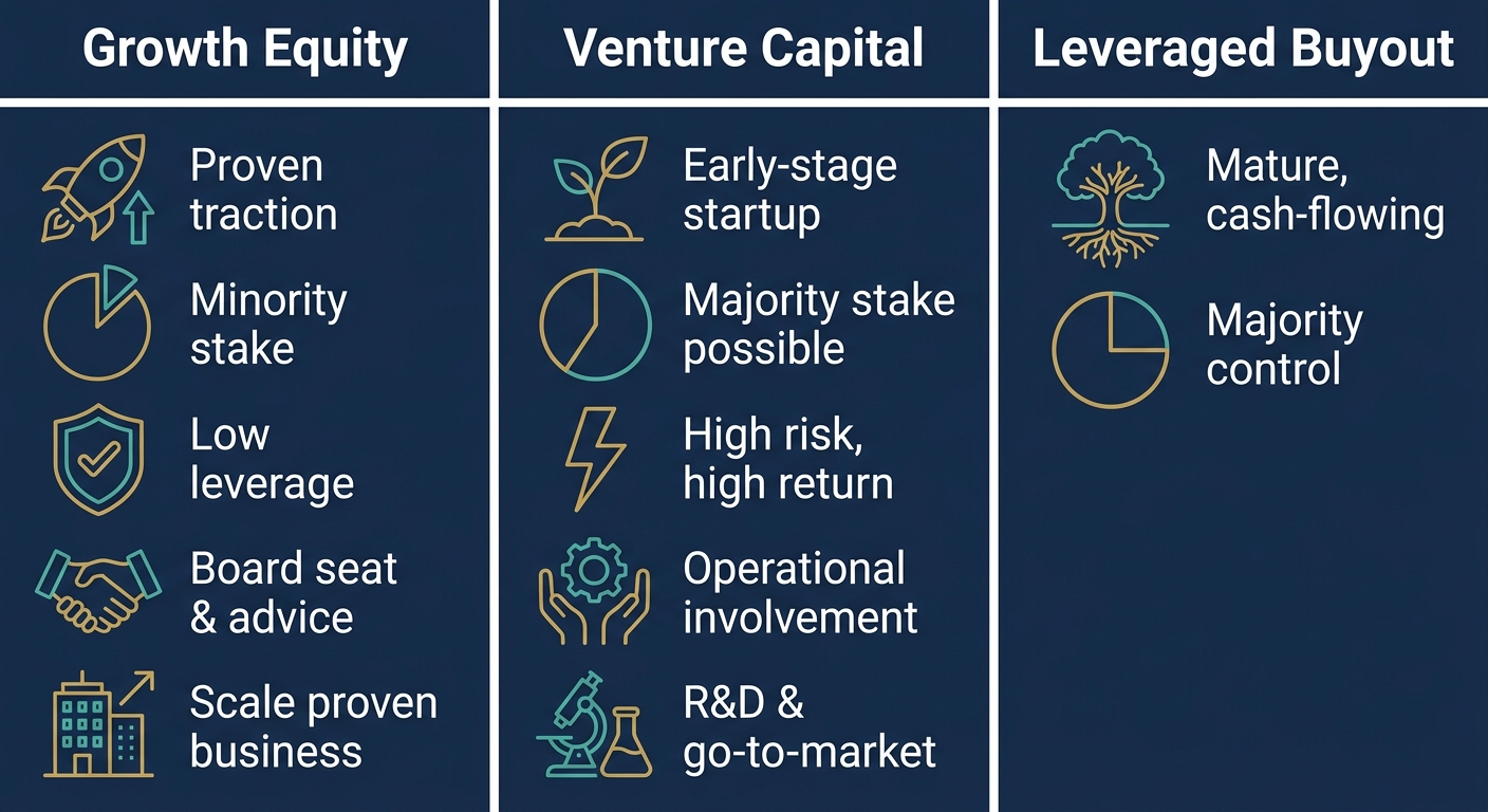 Infographic comparing Growth Equity, Venture Capital, and Leveraged Buyouts with icons and labels