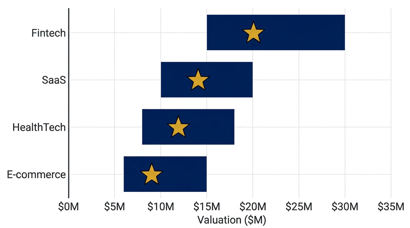 Horizontal grouped bar chart comparing Series A valuation ranges across SaaS, Fintech, HealthTech, and E-commerce, with navy bars and median markers.