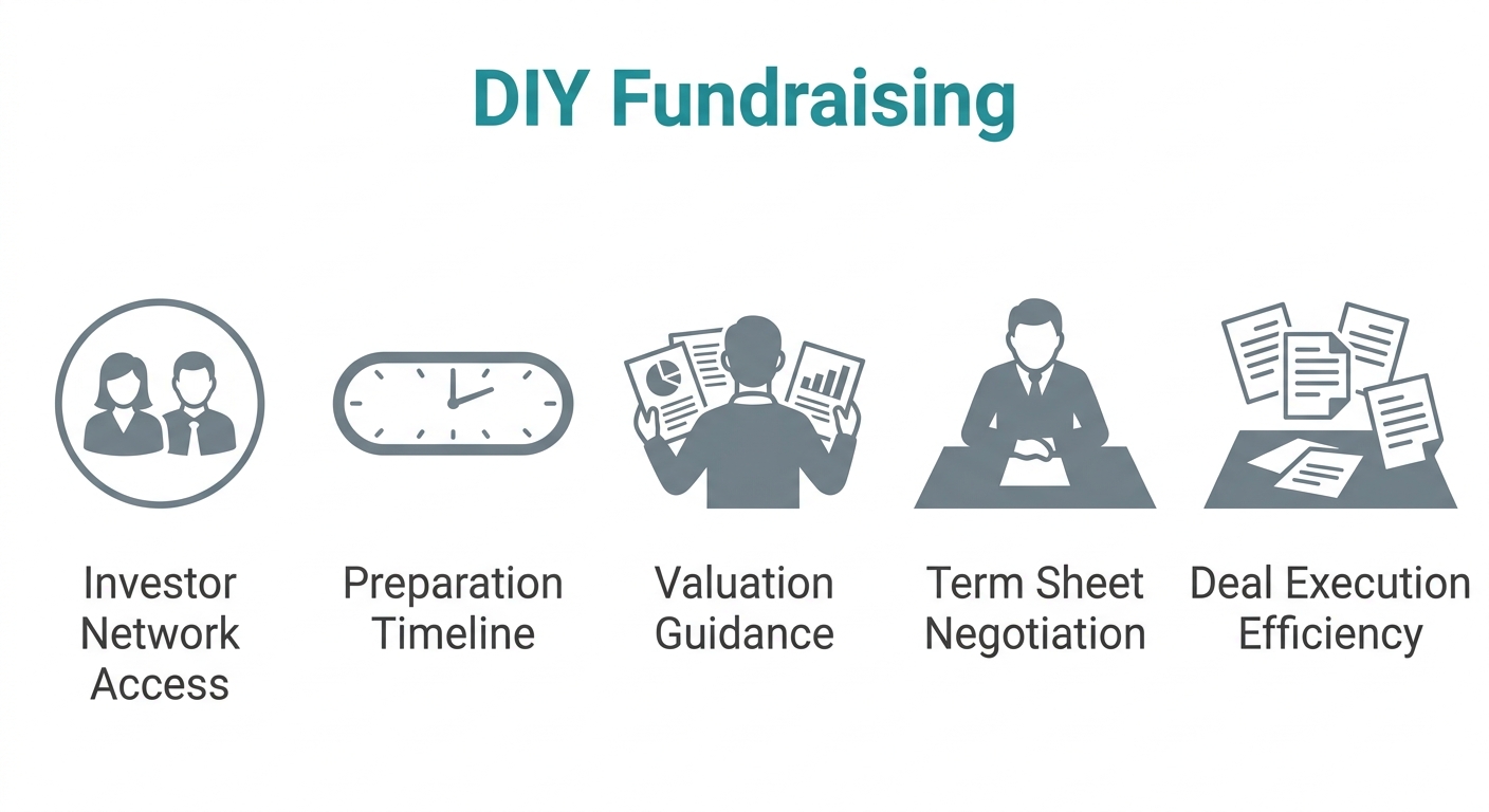 Infographic with five icons representing Investor Network Access, Preparation Timeline, Valuation Guidance, Term Sheet Negotiation, and Deal Execution Efficiency under DIY Fundraising header.