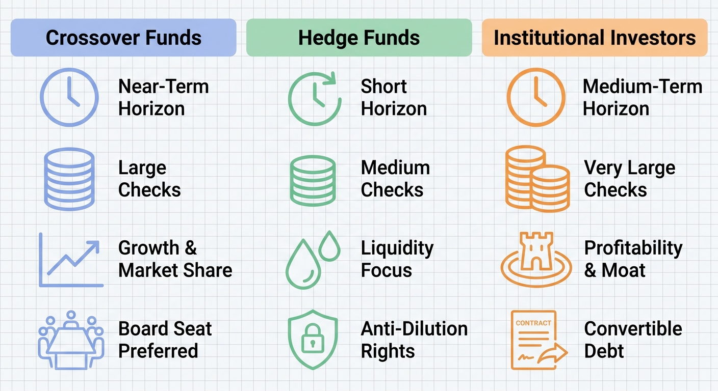 Three-column infographic showing Series E funding preferences for Crossover Funds, Hedge Funds, and Institutional Investors. Each column has a pastel color header and a flat outline icon above four labeled rows describing investment horizon, check size, focus metrics, and deal terms. Subtle gray grid background, dark sans-serif labels.