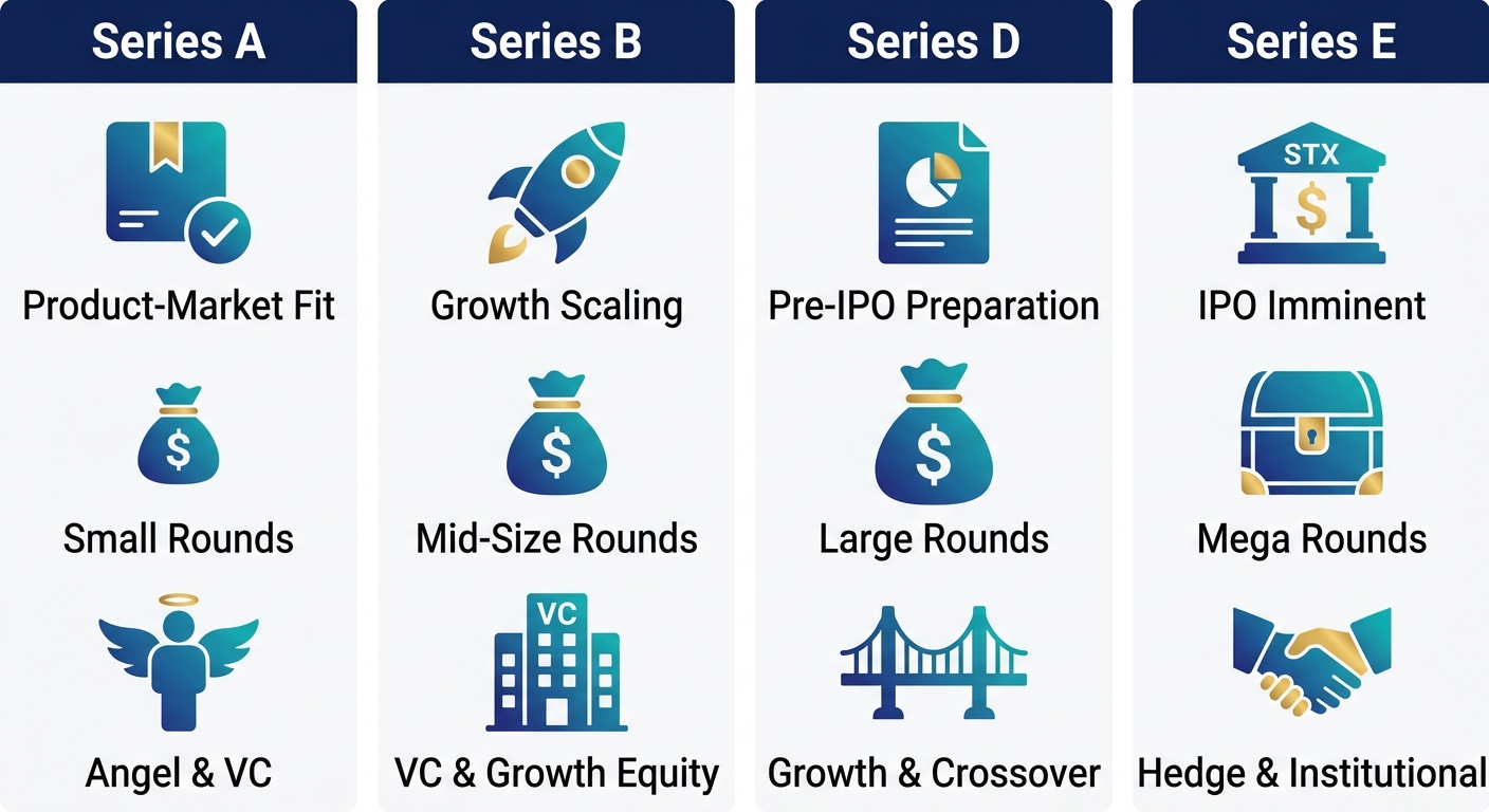 Infographic showing four columns for Series A, B, D, and E funding stages, each with three labeled icons representing round characteristics and investor types.