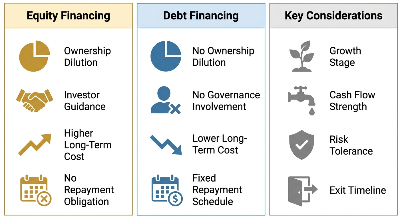 Infographic comparing equity financing and debt financing with key considerations, featuring icons for each characteristic in warm gold, cool blue, and neutral gray columns.
