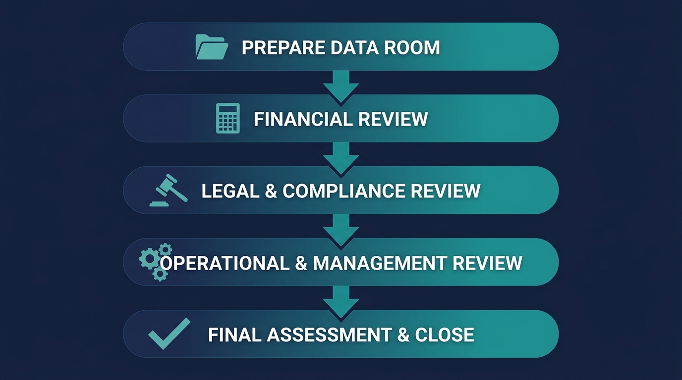 Vertical process flow diagram showing five due diligence steps from Prepare Data Room to Final Assessment and Close, with icons and arrows on dark navy to teal gradient background
