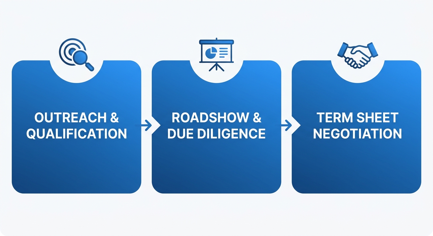 Process flow diagram for capital fundraising showing three stages: Outreach & Qualification, Roadshow & Due Diligence, Term Sheet Negotiation, with icons and arrows.