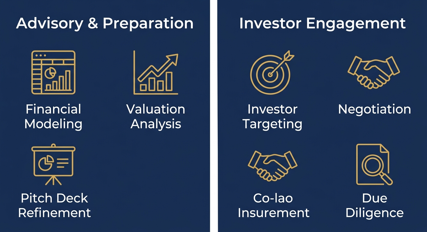 Split infographic showing Advisory & Preparation and Investor Engagement phases of Series A with navy background and gold icons.