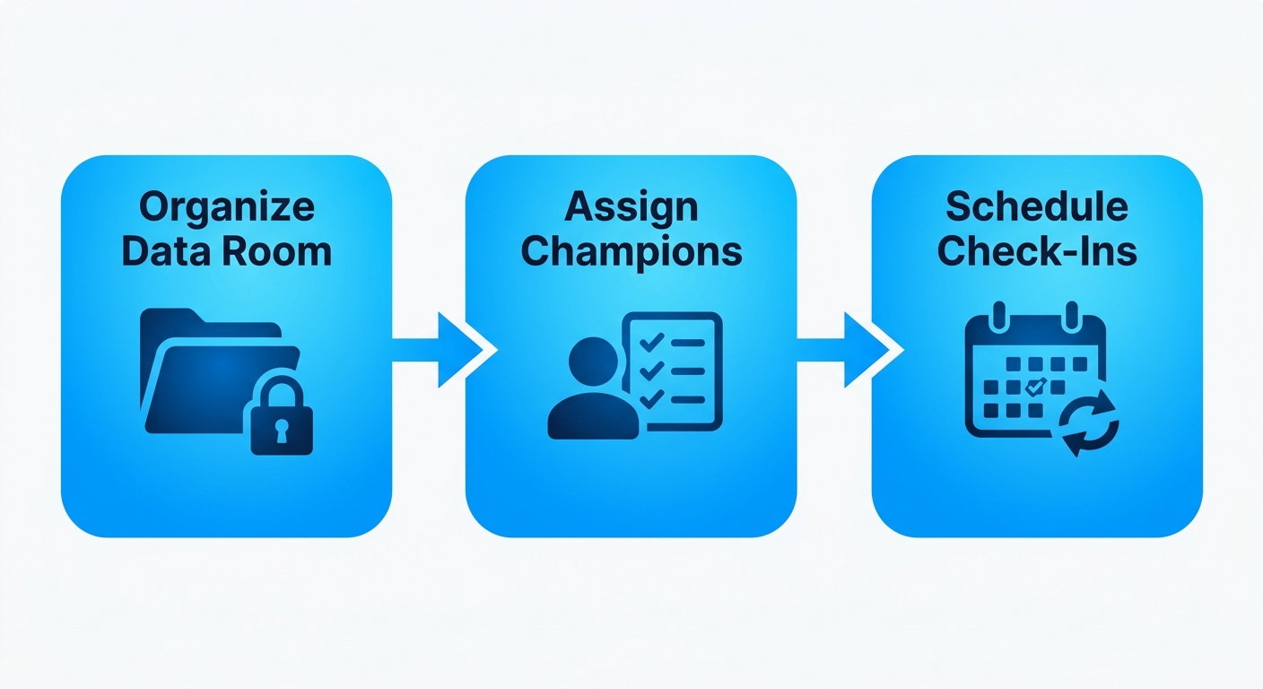Three-step horizontal process flow diagram for due diligence: Organize Virtual Data Room, Assign Diligence Champions, Schedule Regular Check-Ins, with icons and arrows connecting the stages on a white background.