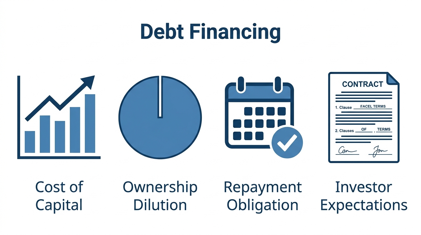 Infographic comparing debt financing attributes: cost of capital, ownership dilution, repayment obligation, and investor expectations with icons.