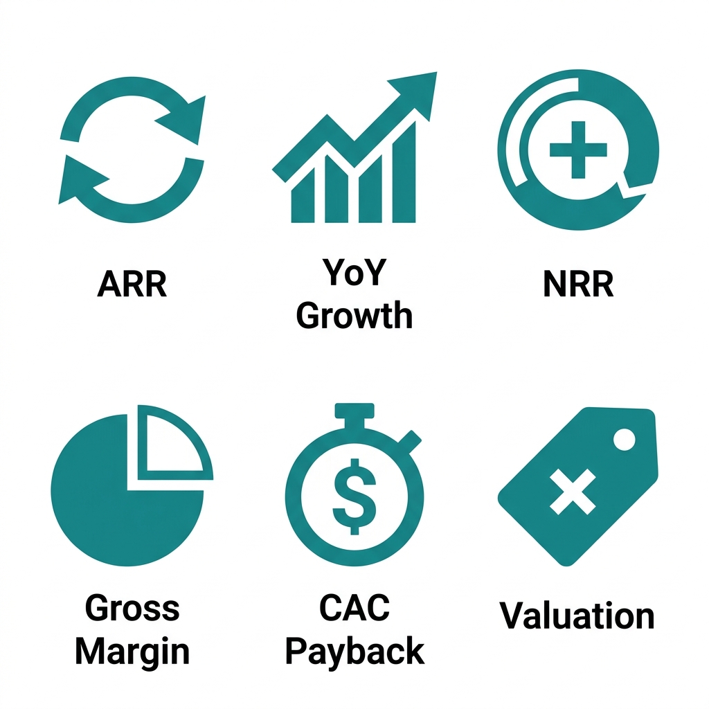 Icon set illustrating six key metrics for Series B evaluation: ARR, YoY Growth, NRR, Gross Margin, CAC Payback, and Valuation multiples.