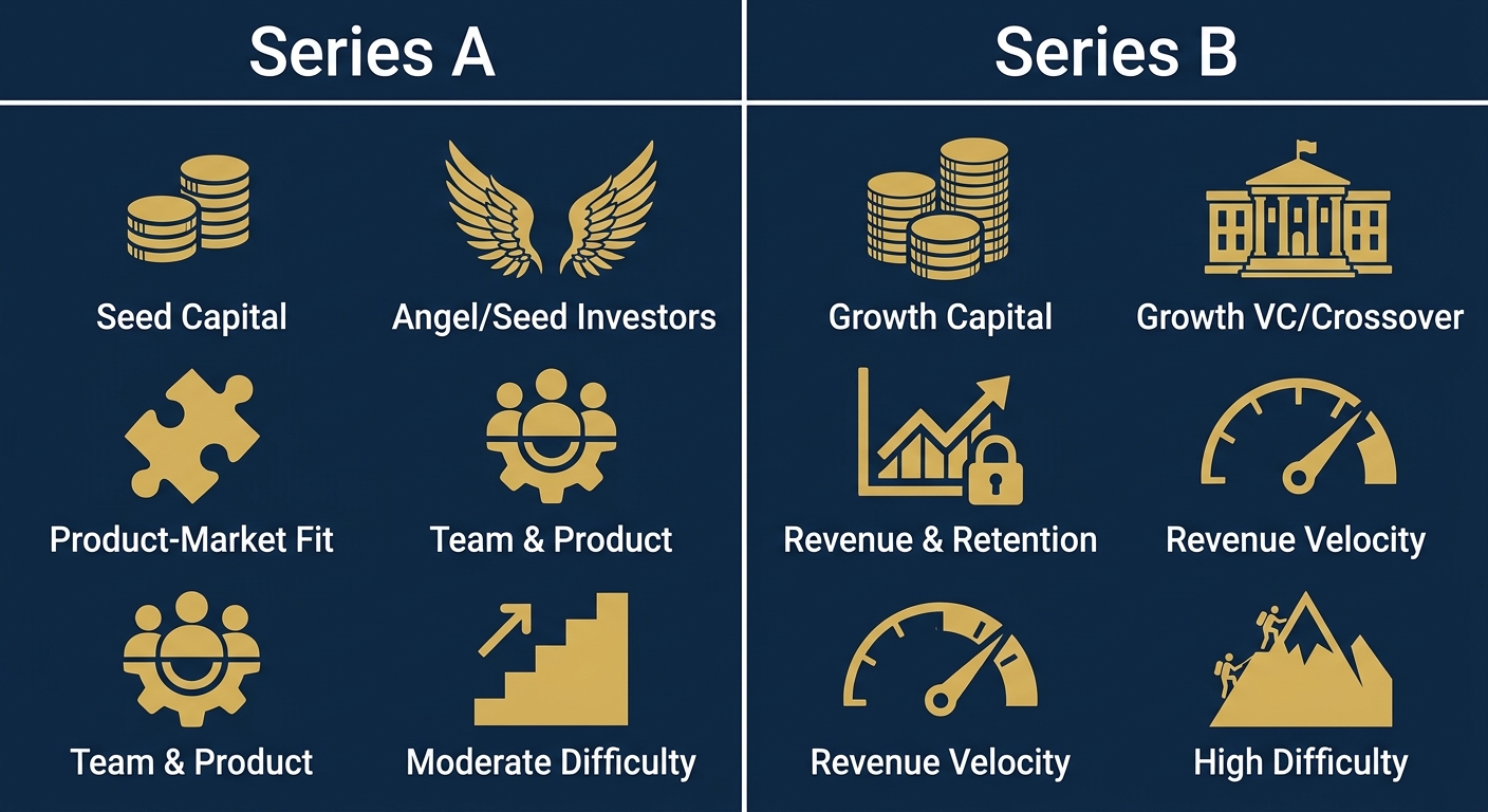 Infographic comparing Series A and Series B funding across five dimensions with labeled icons.