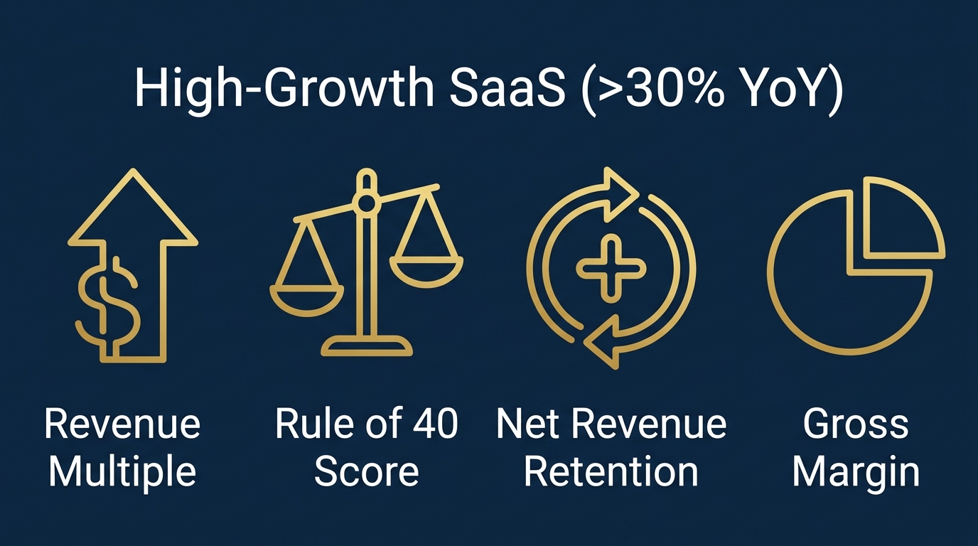 Infographic comparing high-growth SaaS valuation metrics including revenue multiple, rule of 40, net revenue retention, and gross margin.