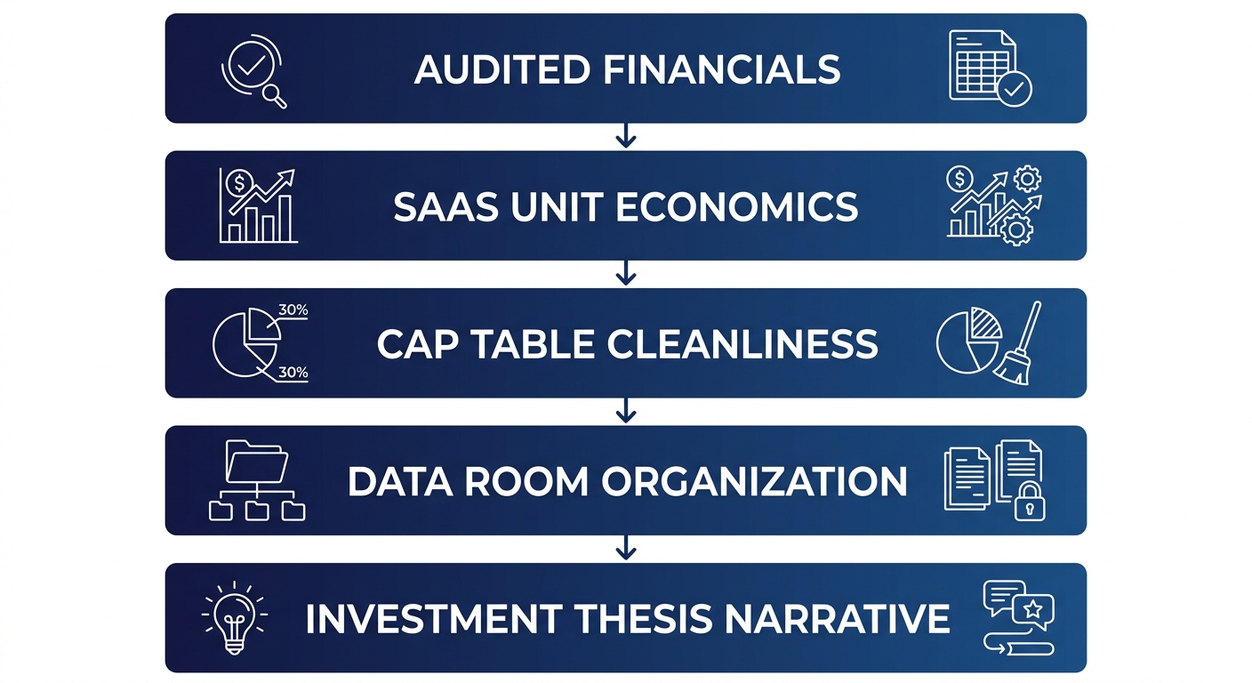 Diagram showing five due diligence preparation steps: Audited Financials, SaaS Unit Economics, Cap Table Cleanliness, Data Room Organization, Investment Thesis Narrative.