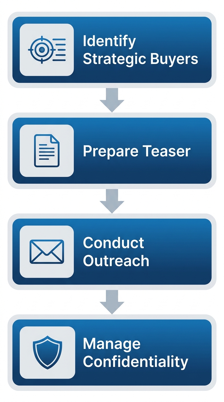 Process flow diagram showing four stages of strategic buyer outreach: Identify Strategic Buyers, Prepare Teaser, Conduct Outreach, Manage Confidentiality, with icons and gradient-filled rectangles connected by arrows.