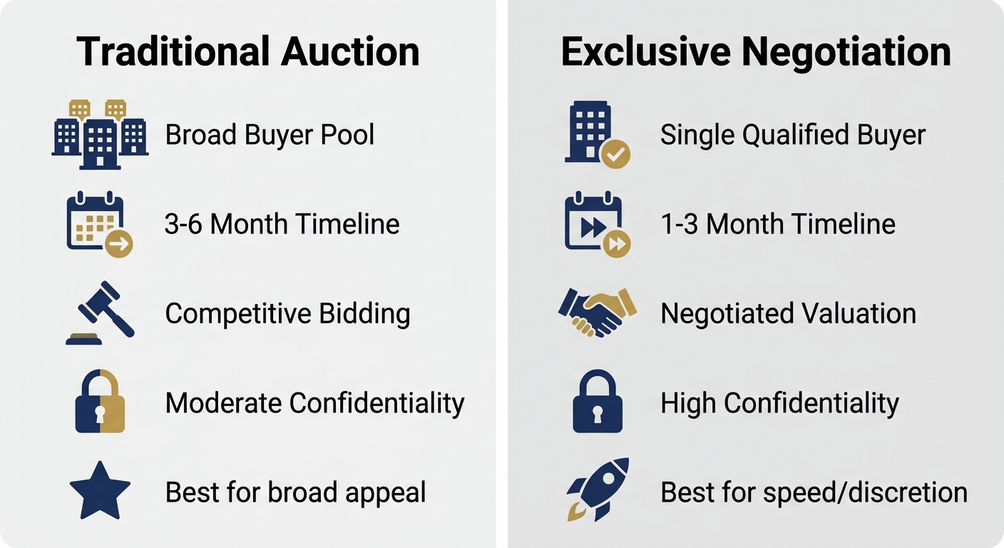Infographic comparing Traditional Auction and Exclusive Negotiation with icons and labels for each aspect.