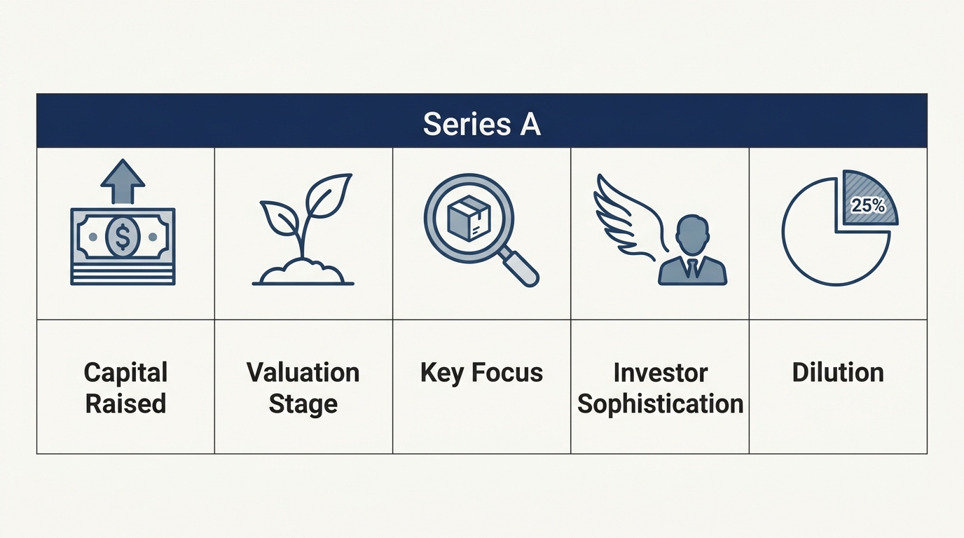 A side-by-side infographic comparing Series A funding dimensions with five minimalist icons and labels beneath a navy blue header.