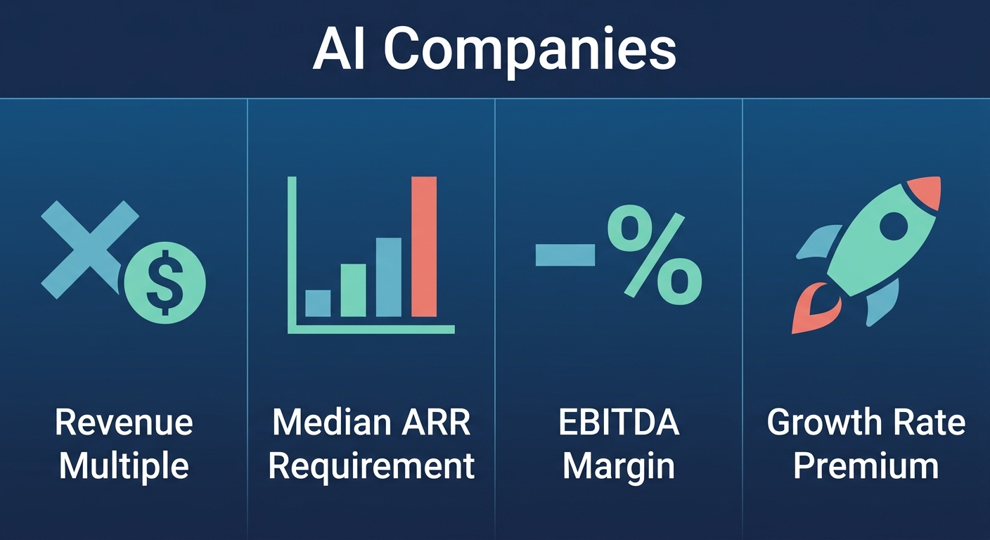 Infographic showing four key metrics for AI growth companies: revenue multiple, median ARR requirement, EBITDA margin, and growth rate premium